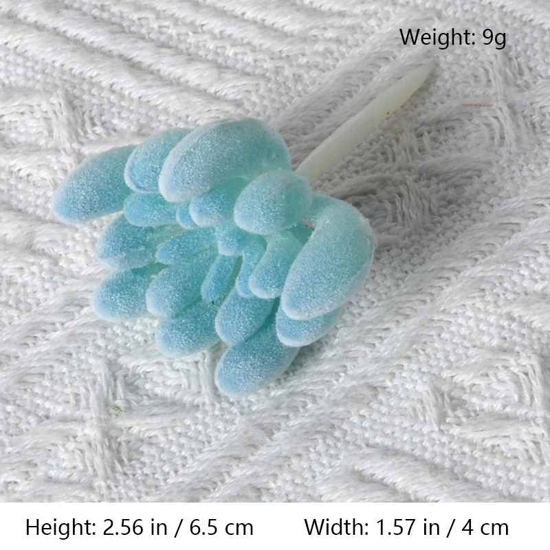 Size diagram for assorted blue artificial succulent picks, jelly bean