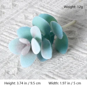 Size diagram for assorted blue artificial succulent picks, layered paddle