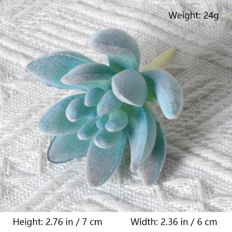 Size diagram for assorted blue artificial succulent picks, long leaf rosette