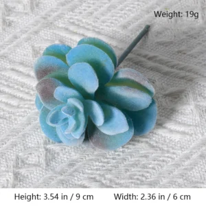 Size diagram for assorted blue artificial succulent picks, paddle rosette