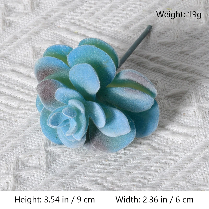 Size diagram for assorted blue artificial succulent picks, paddle rosette