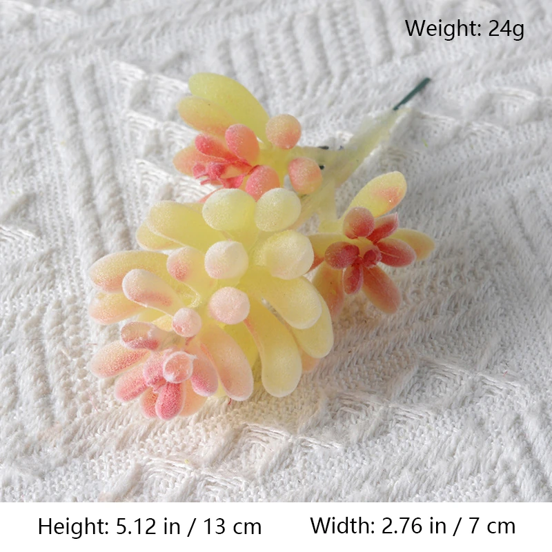 Size diagram for assorted cream and pink artificial succulent picks, jelly bean cluster