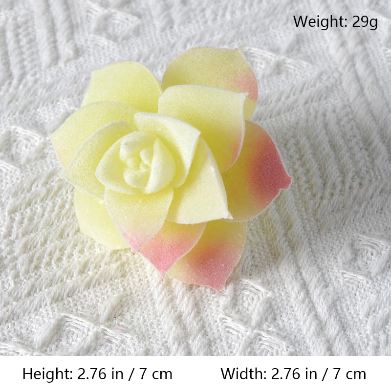 Size diagram for assorted cream and pink artificial succulent picks, rose rosette