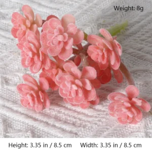 Size diagram for assorted pink artificial succulent picks, branching sedum