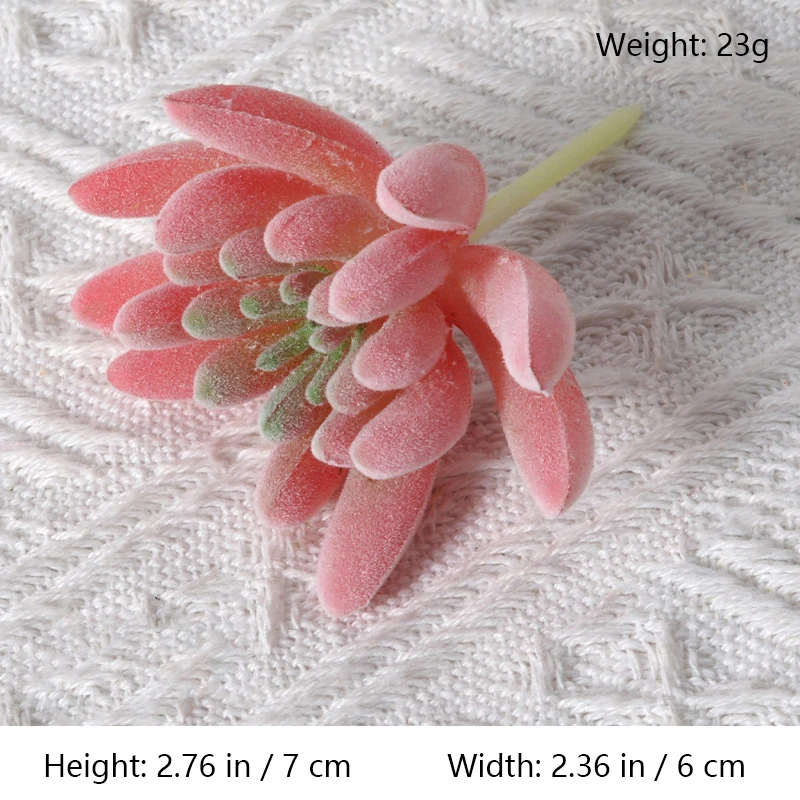 Size diagram for assorted pink artificial succulent picks, paddle leaf
