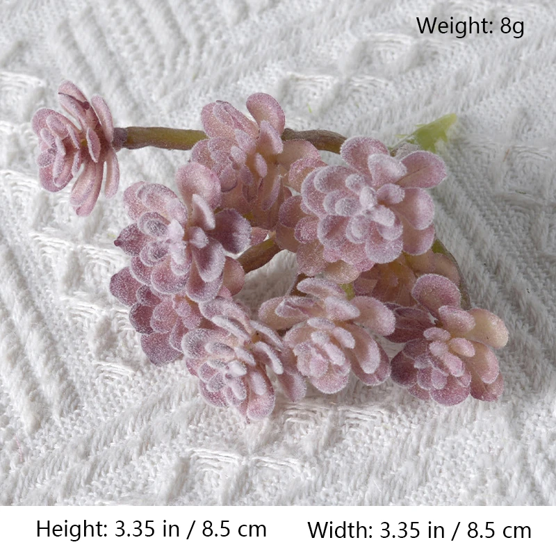 Size diagram for assorted purple artificial succulent picks, branching rosette