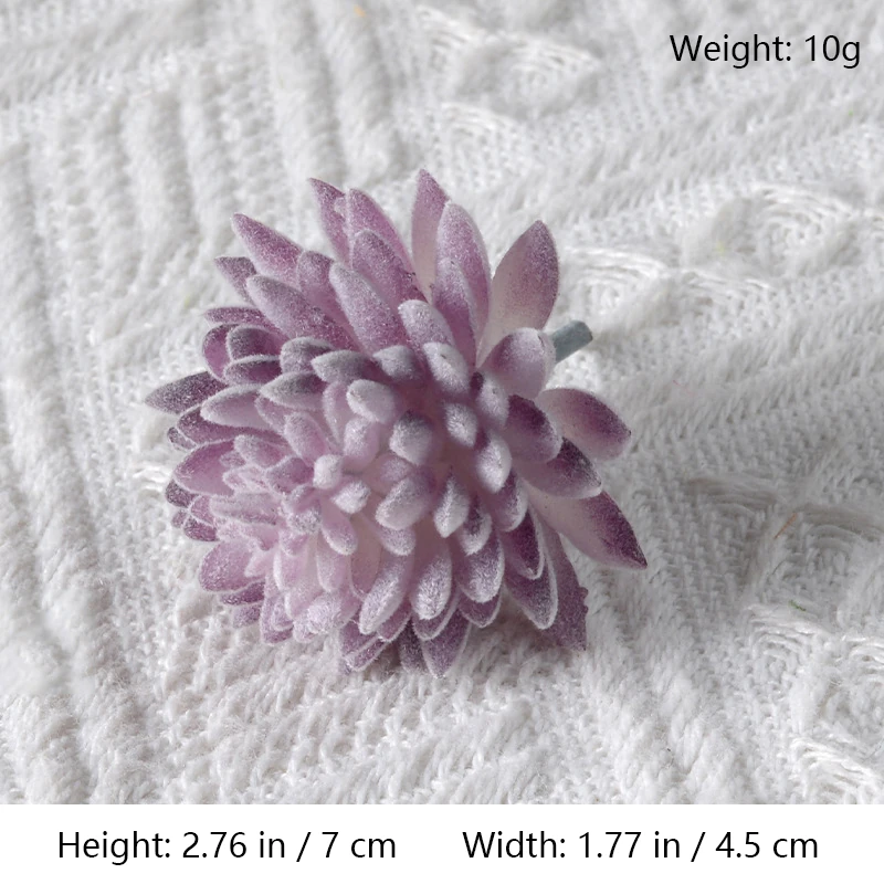 Size diagram for assorted purple artificial succulent picks, compact rosette