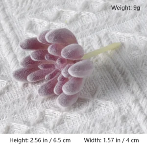 Size diagram for assorted purple artificial succulent picks, jelly bean