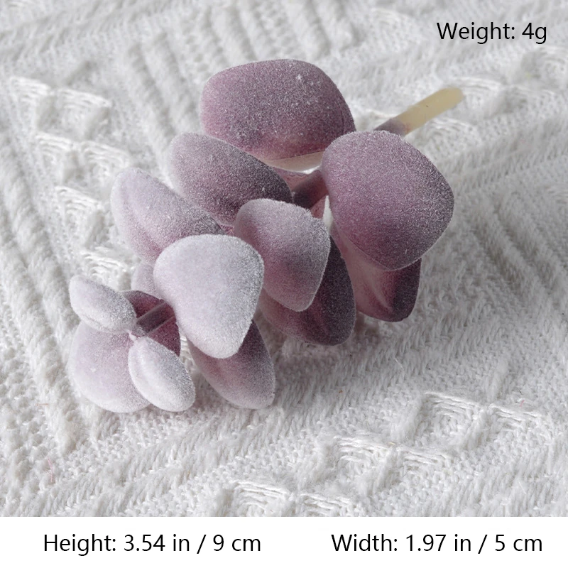 Size diagram for assorted purple artificial succulent picks, layered paddle