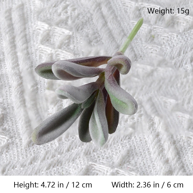 Size diagram for assorted purple artificial succulent picks, rounded leaf