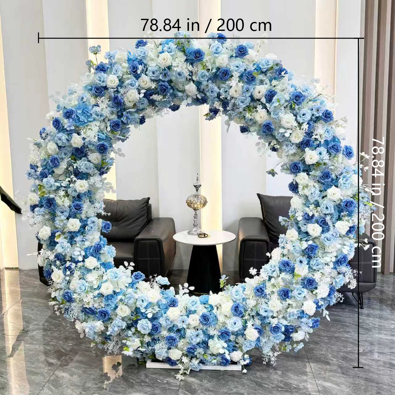 Size diagram for blue white round flower arch collection, 200 cm