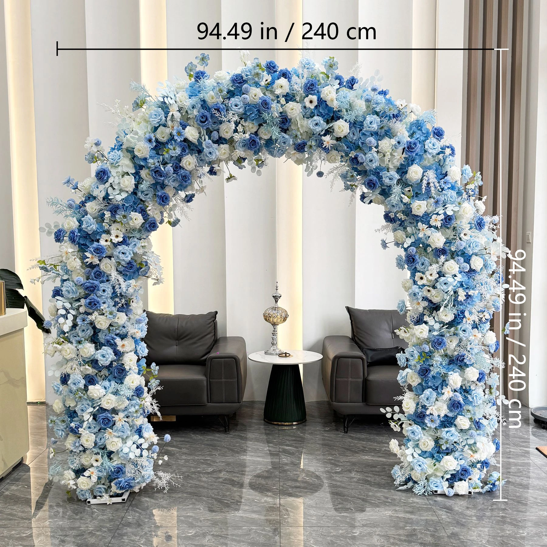 Size diagram for blue white round flower arch collection, 240 cm