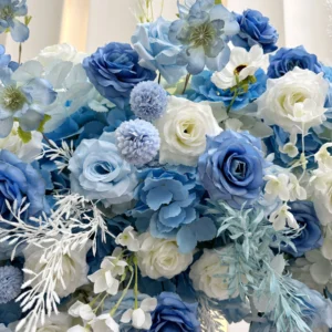Close-up of blue white round flower arch collection