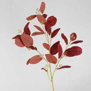 Alternate view of red colored artificial eucalyptus leaf stem