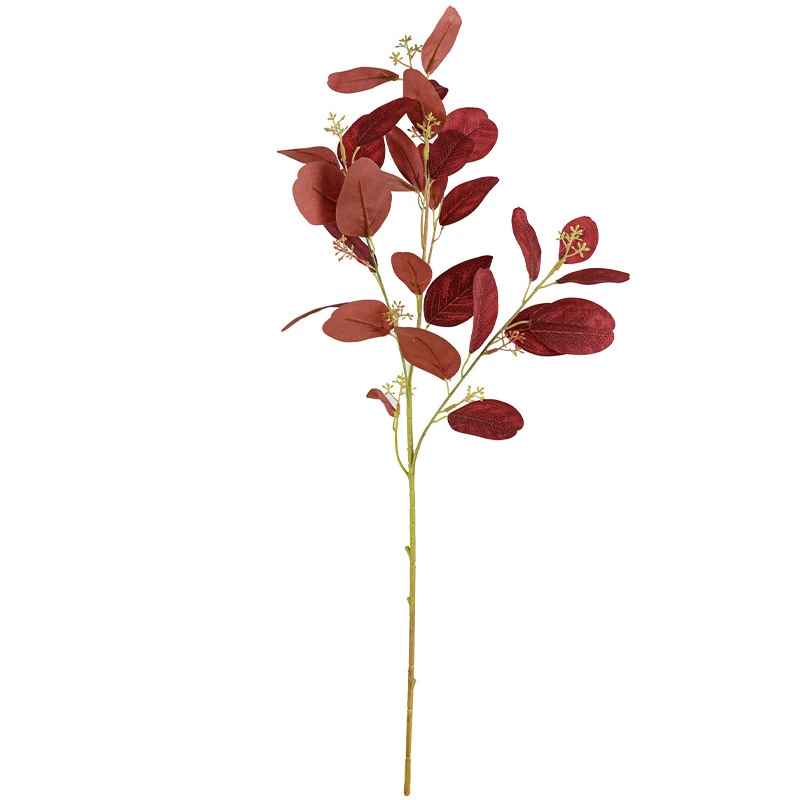 Red colored artificial eucalyptus leaf stem
