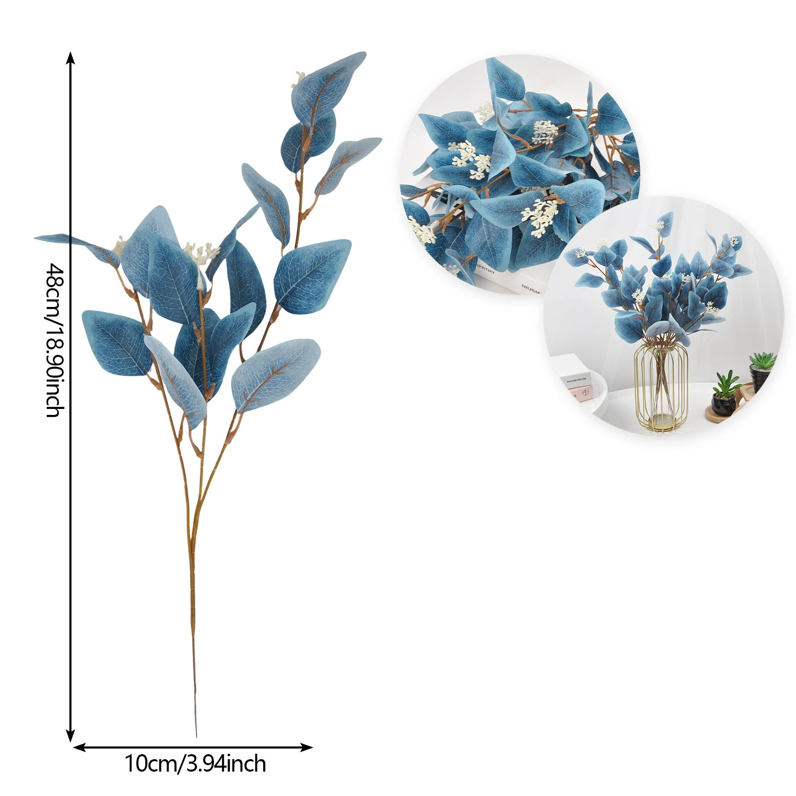 Size diagram for blue colored artificial eucalyptus spray