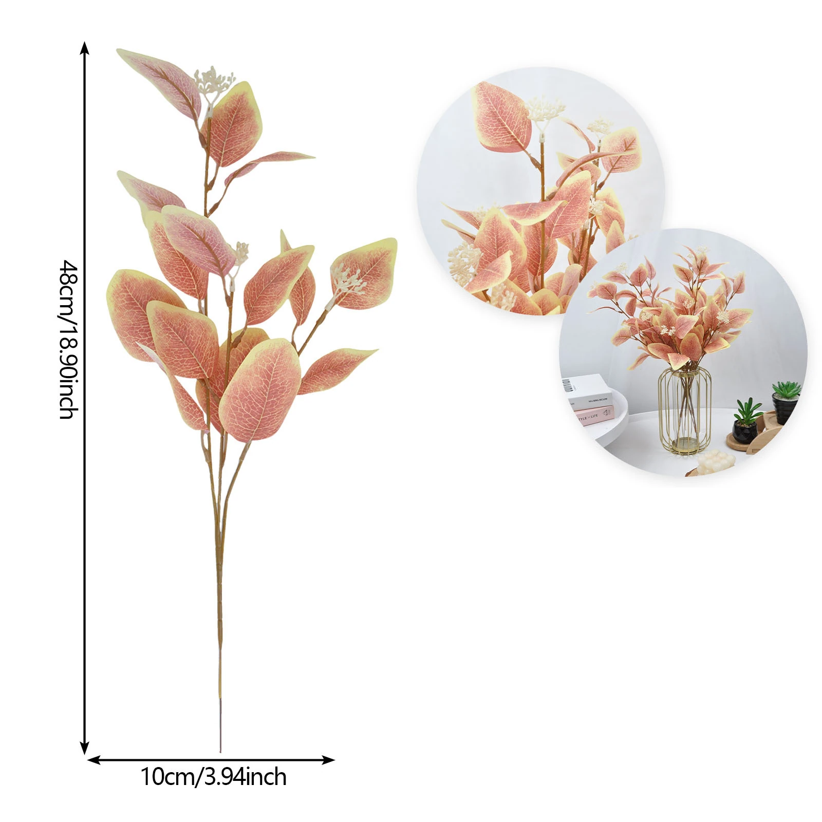 Size diagram for blush colored artificial eucalyptus spray