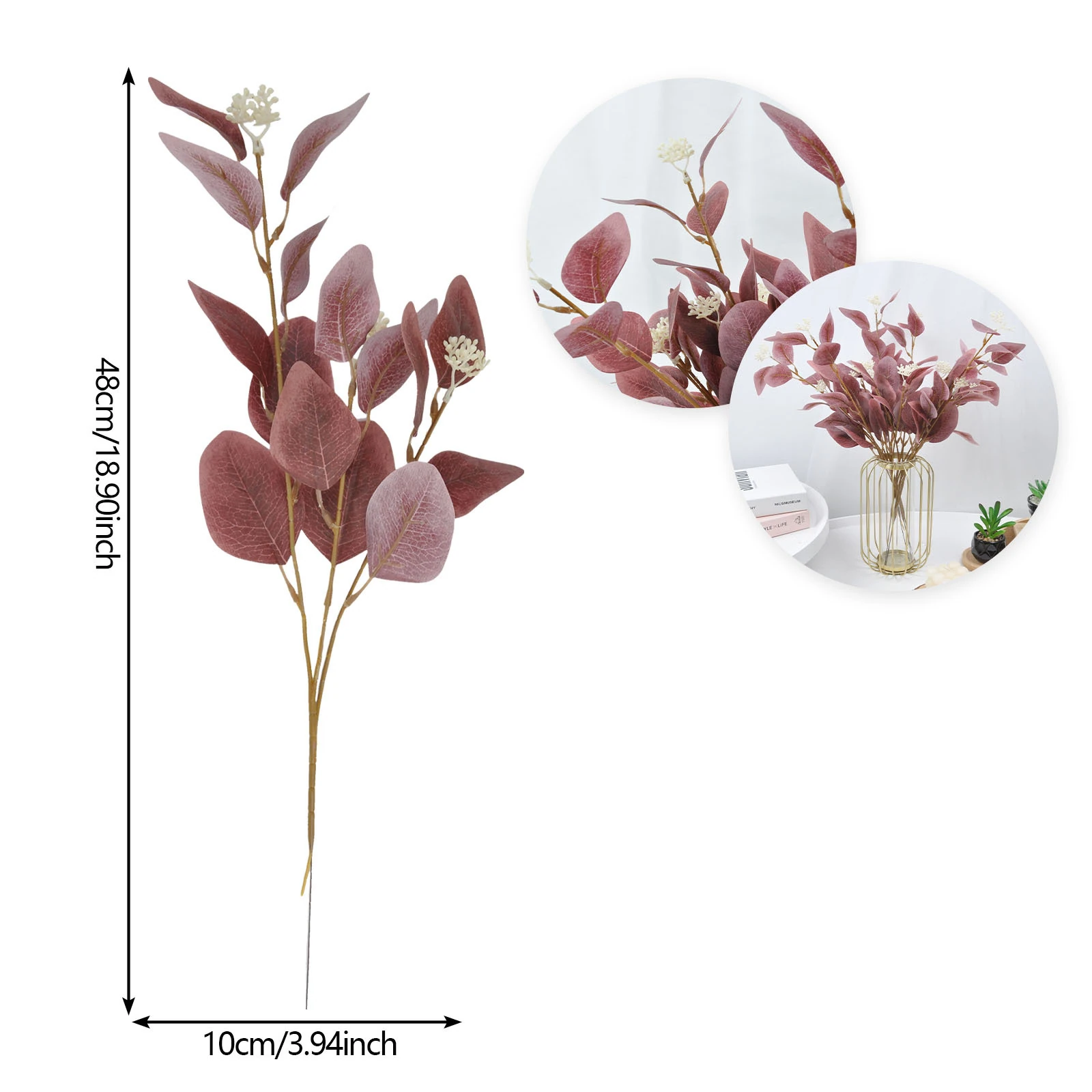 Size diagram for burgundy colored artificial eucalyptus spray