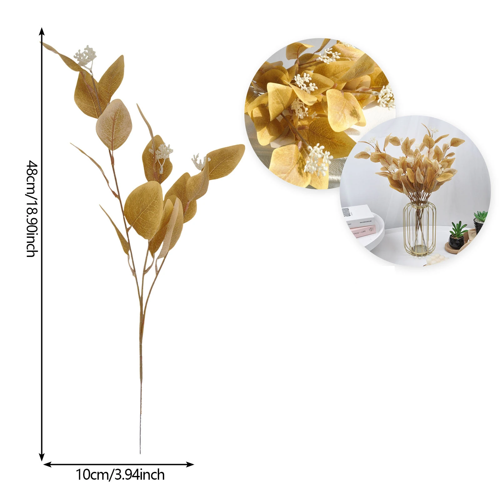 Alternate view of yellow colored artificial eucalyptus spray