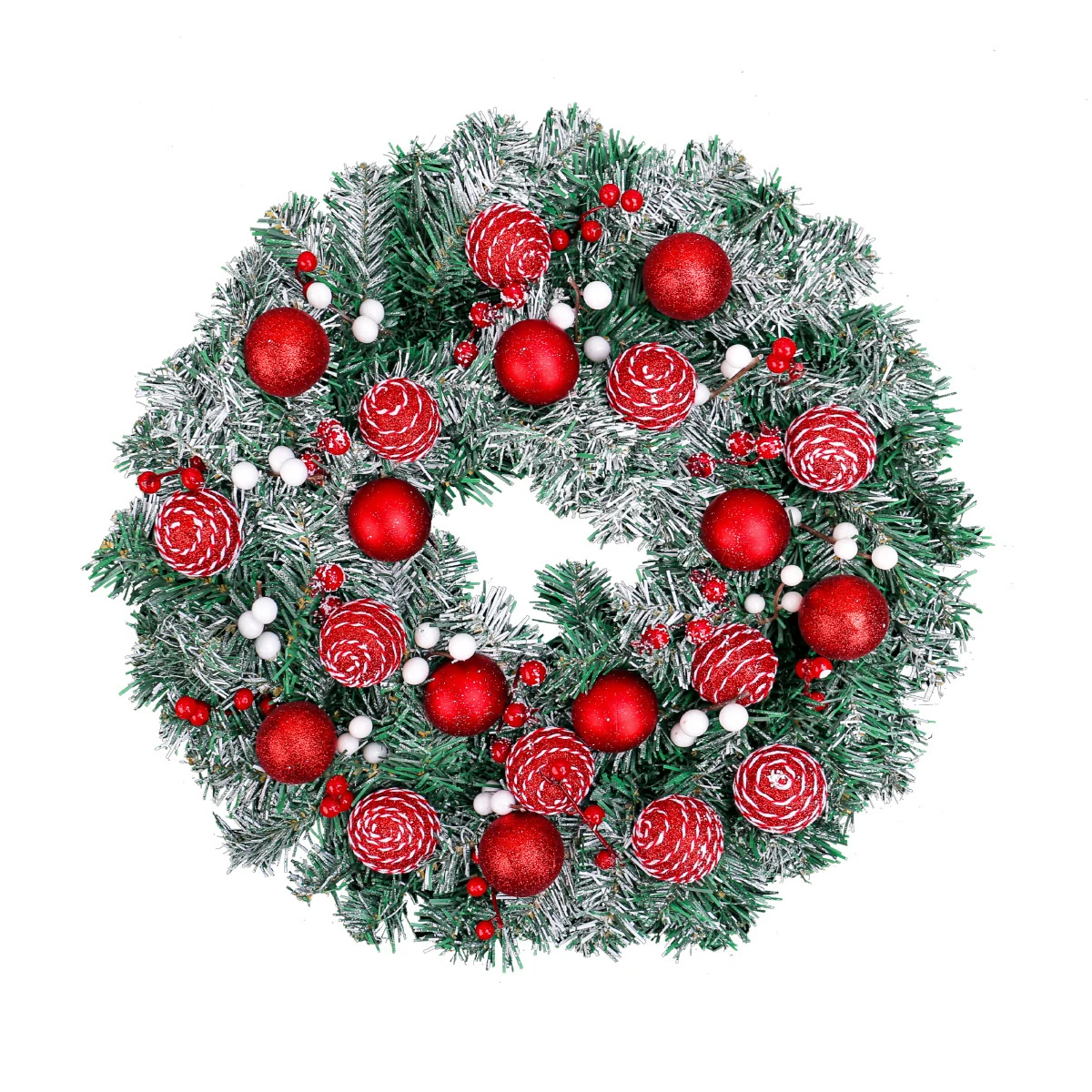 Decorated artificial Christmas pine wreath with red ornaments, 50 cm