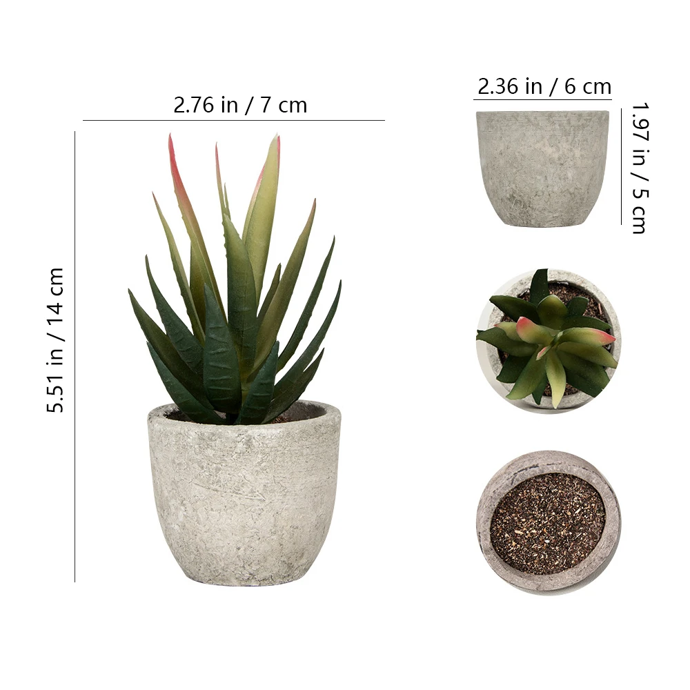Size diagram for dark green mini potted artificial aloe plant collection