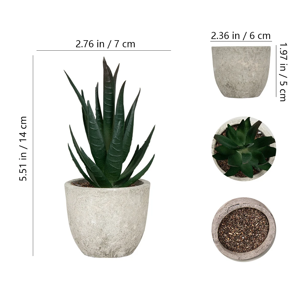 Size diagram for deep green mini potted artificial aloe plant collection