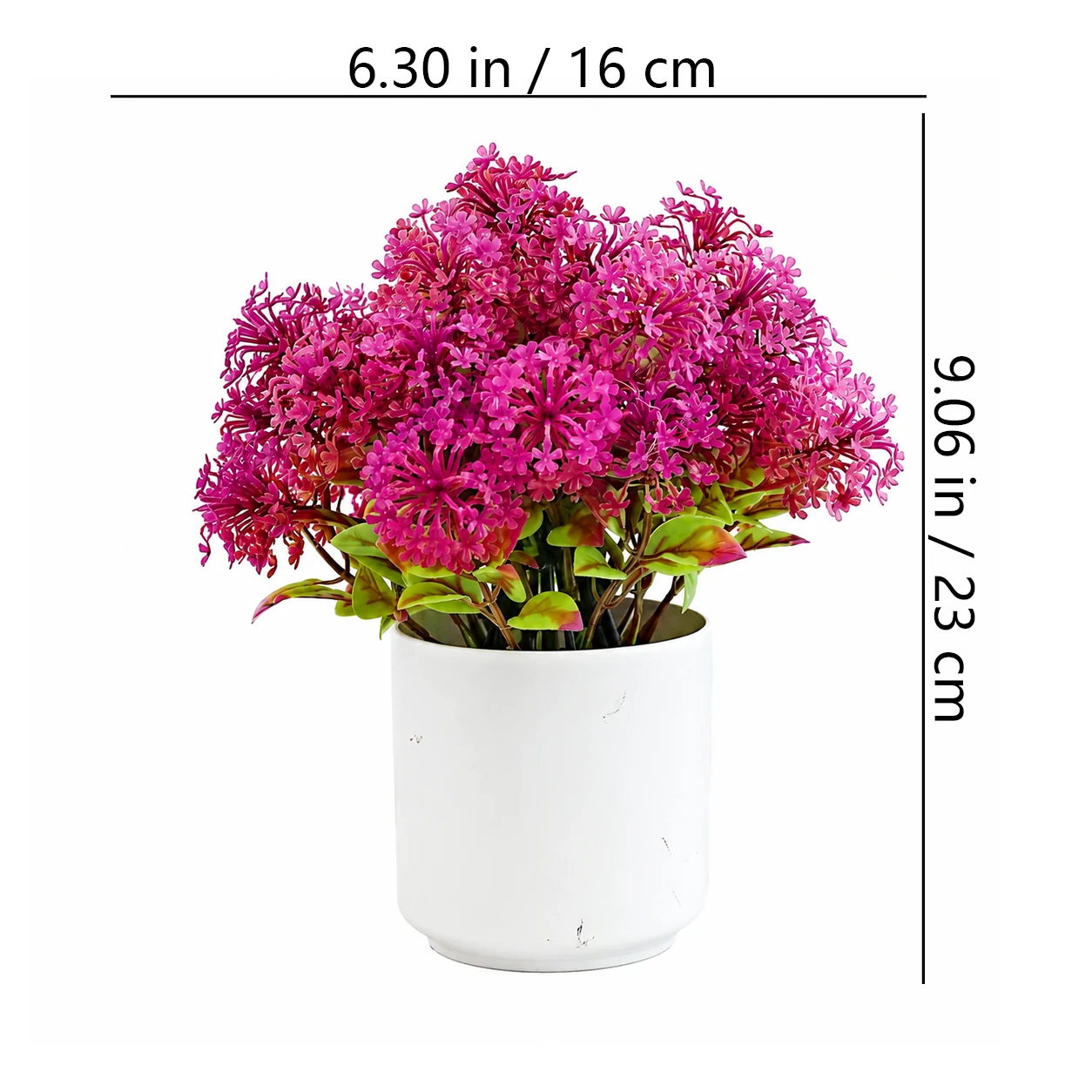 Size diagram for fuchsia mini potted artificial baby's breath plant
