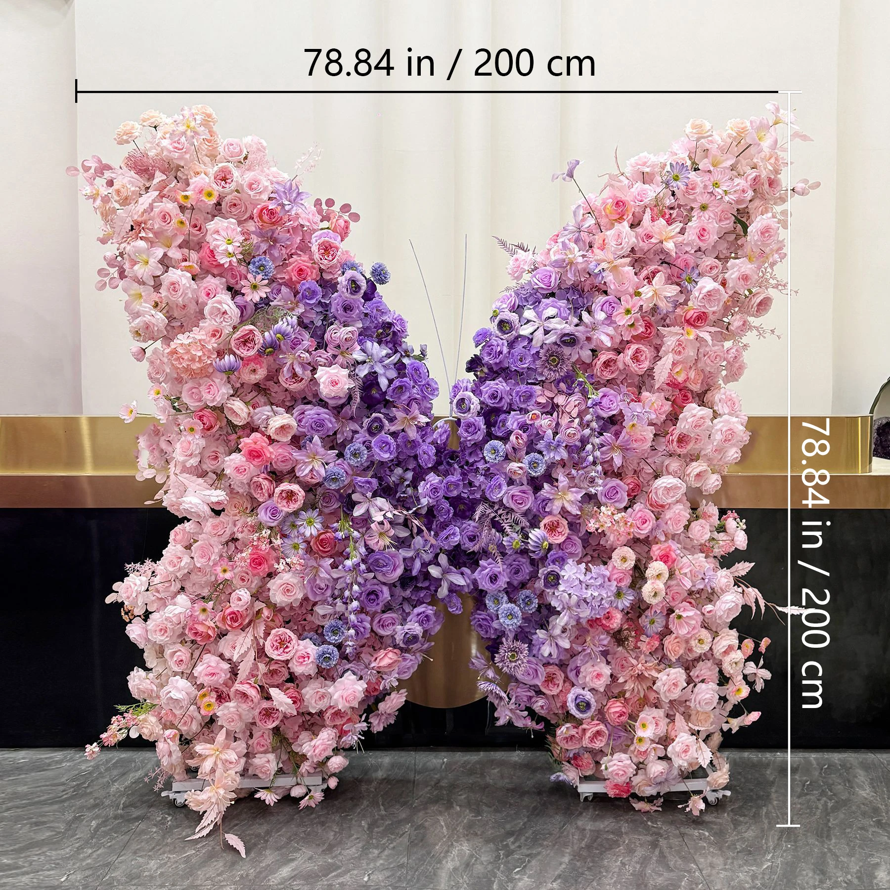 Size diagram for pink purple butterfly flower backdrop, 200 cm