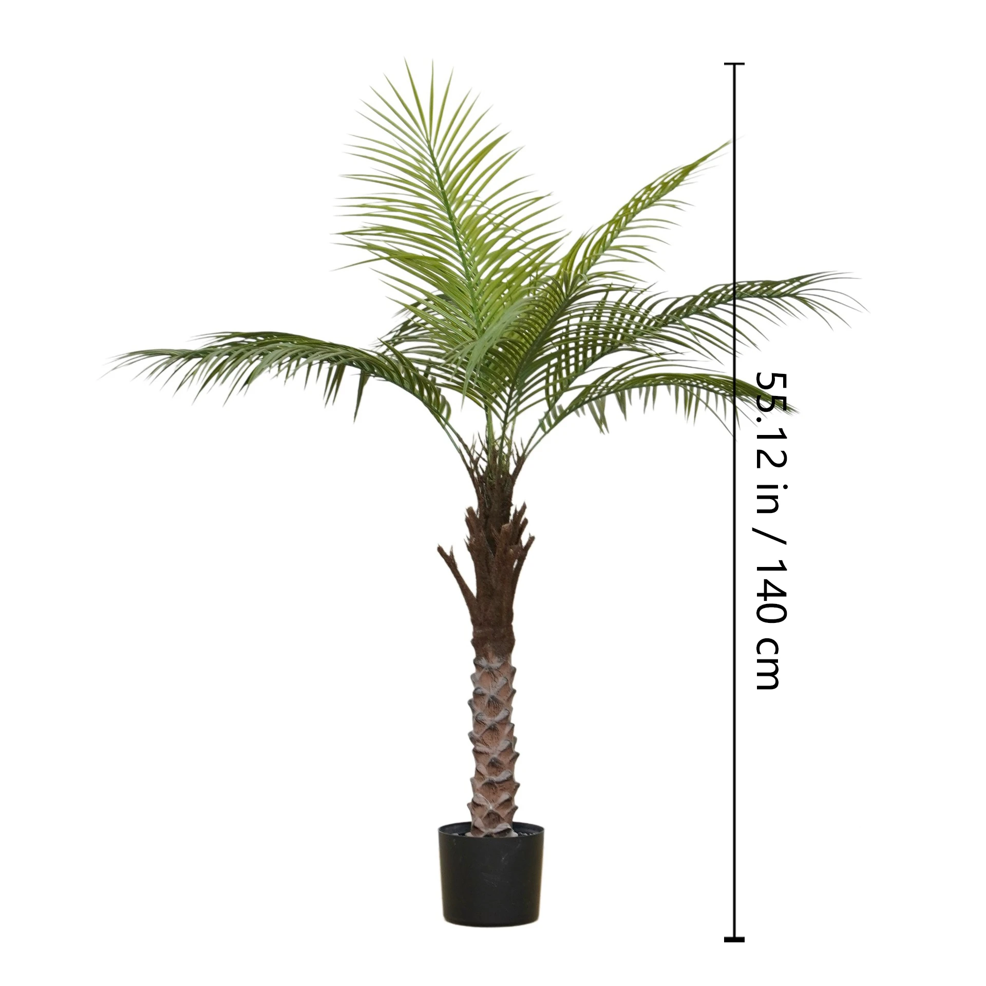 Size diagram for potted artificial areca palm tree collection, 140 cm