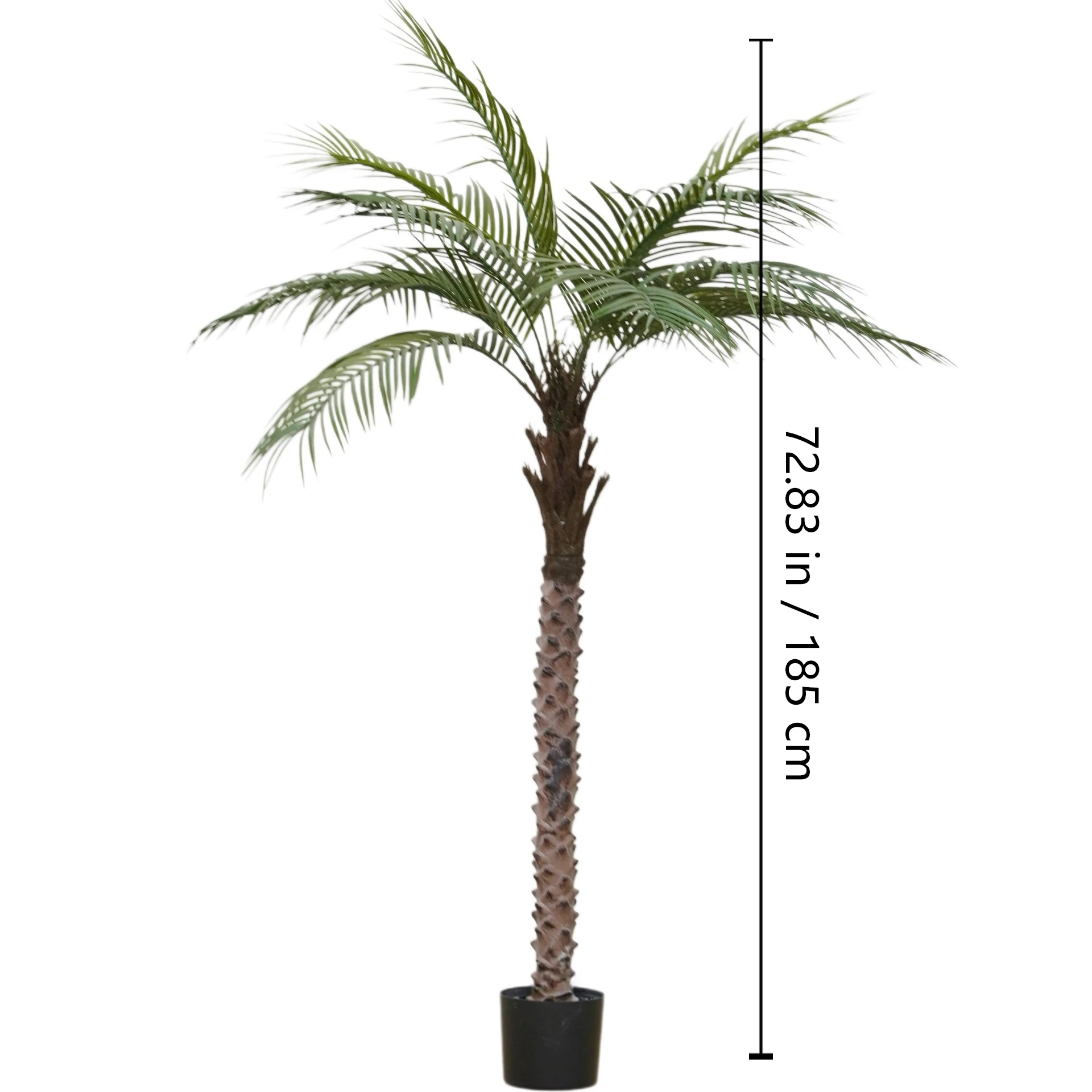 Size diagram for potted artificial areca palm tree collection, 185 cm