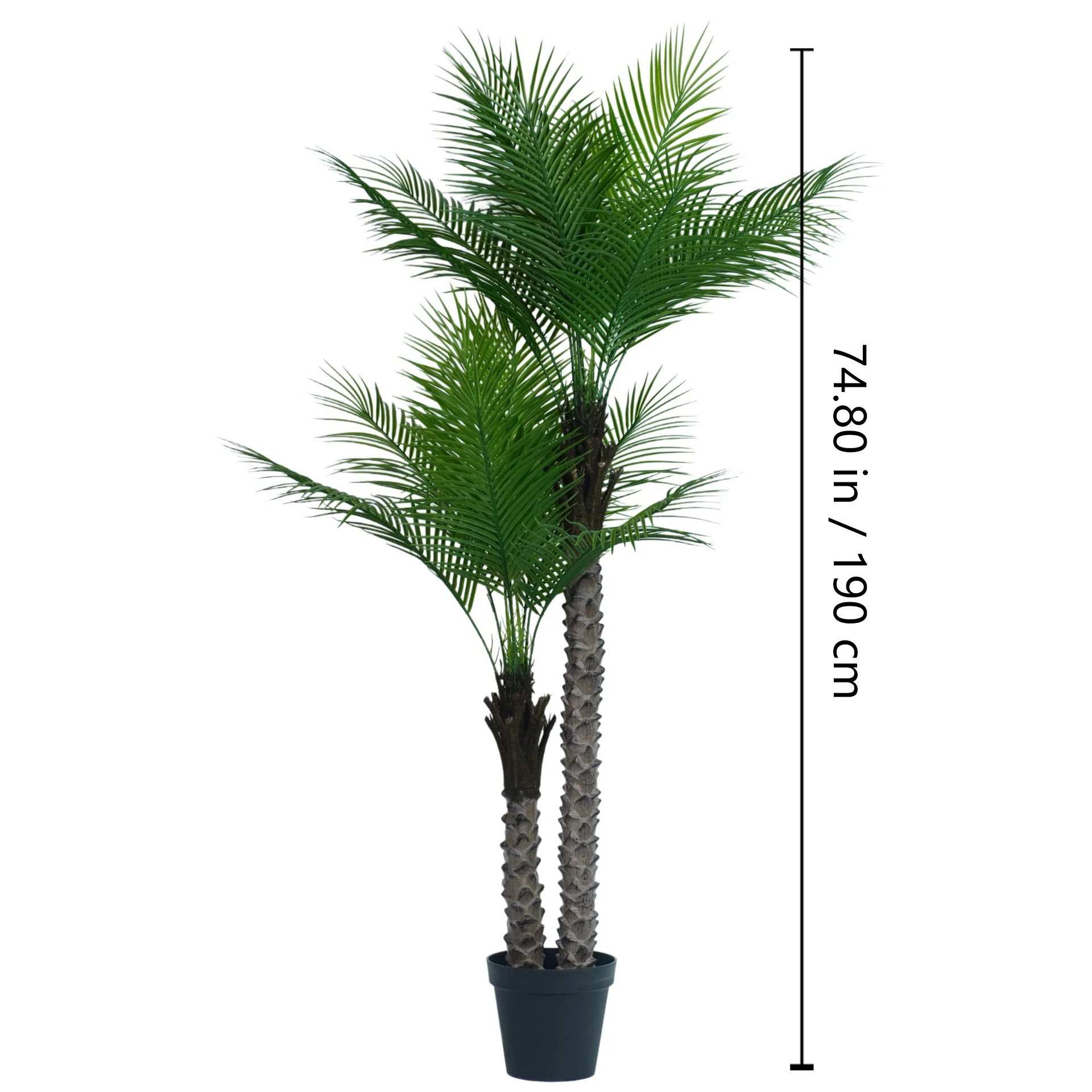 Size diagram for multi potted artificial areca palm tree collection, 190 cm
