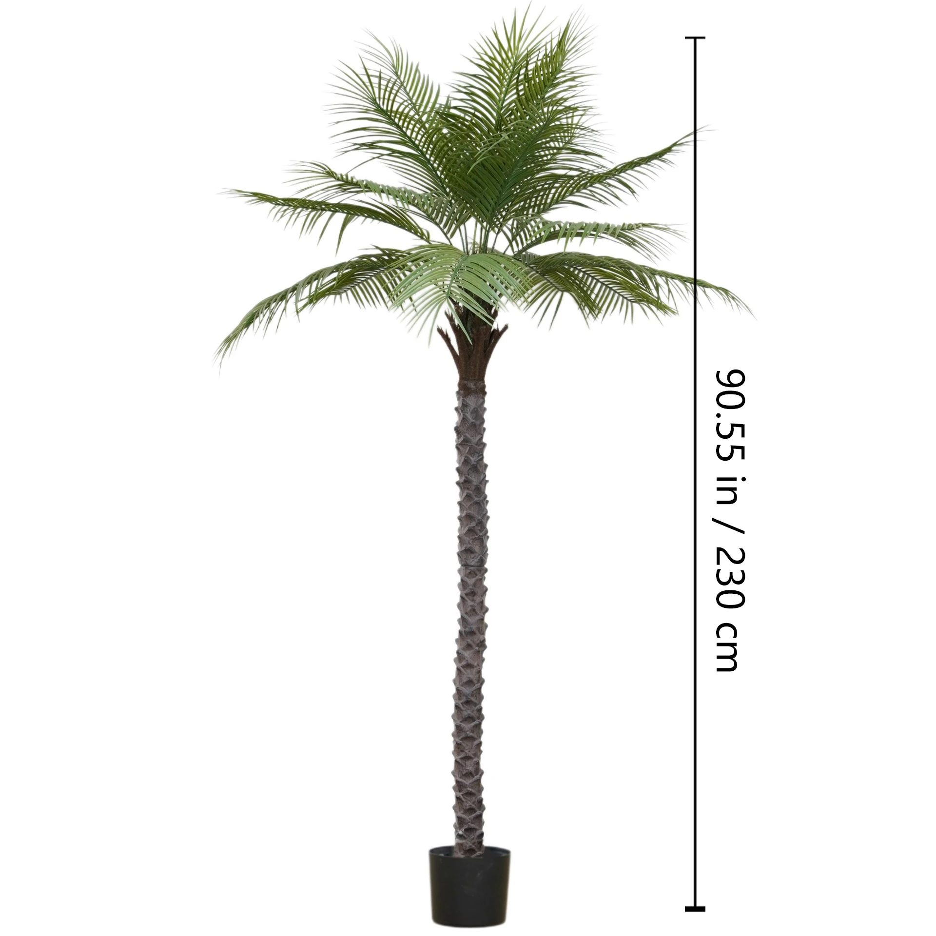 Size diagram for potted artificial areca palm tree collection, 230 cm