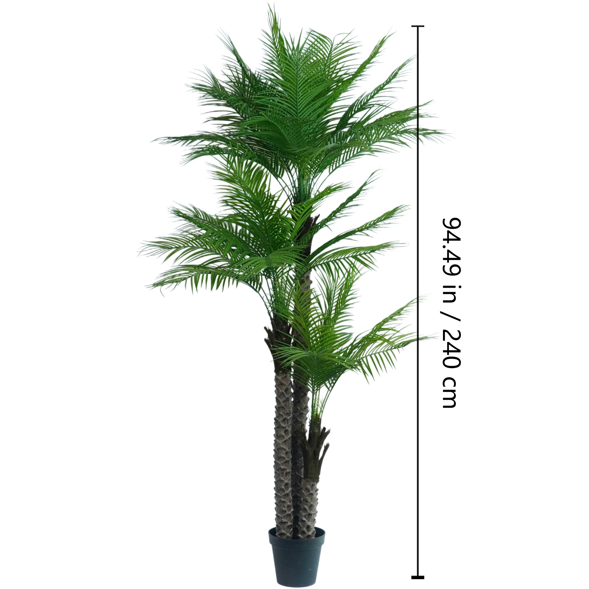 Size diagram for multi potted artificial areca palm tree collection, 240 cm