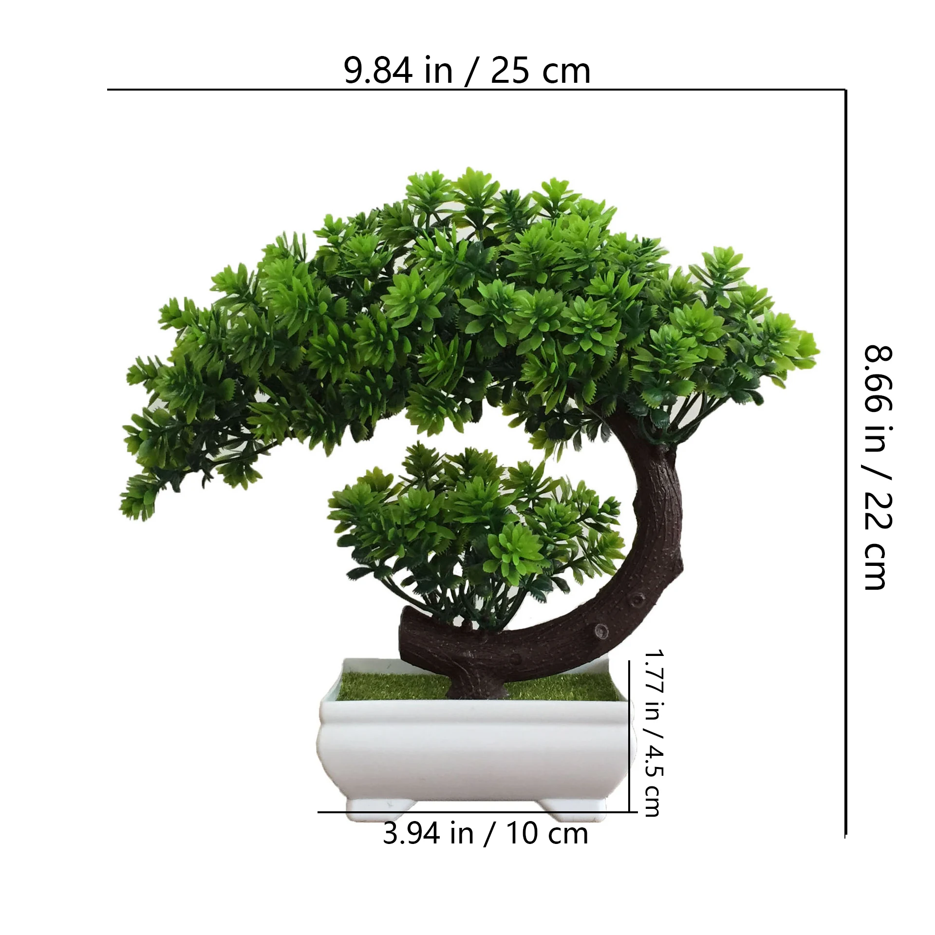 Size diagram for green potted artificial conifer bonsai tree