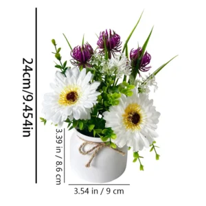 Size diagram for potted artificial daisy mixed flower arrangement, 24 cm