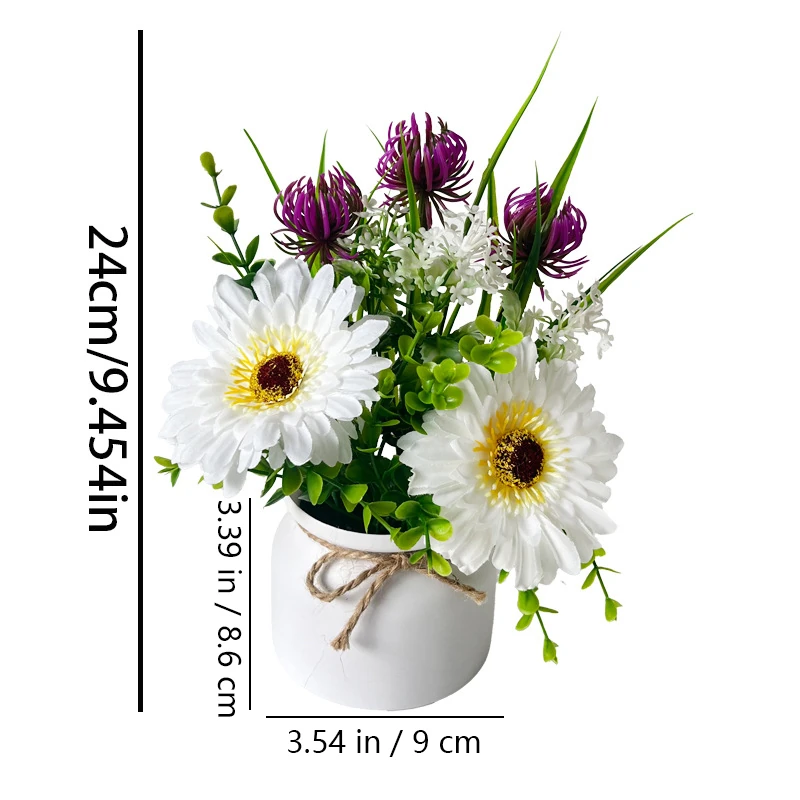 Size diagram for potted artificial daisy mixed flower arrangement, 24 cm