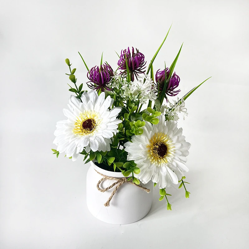 Alternate view of white purple potted artificial daisy mixed flower arrangement