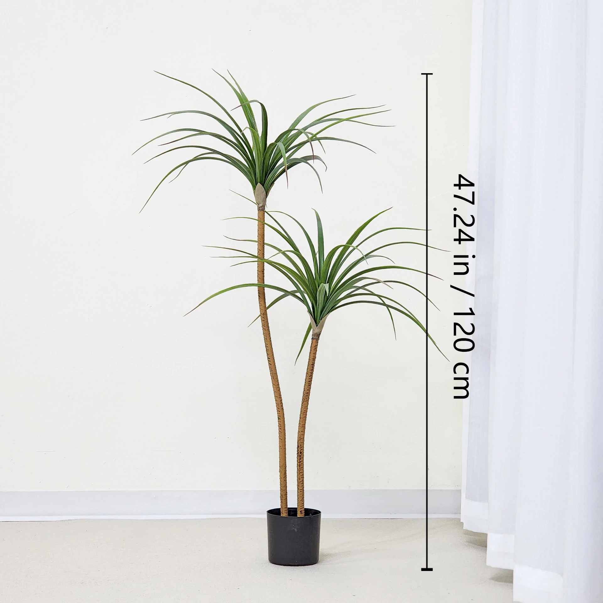 Size diagram for potted artificial dracaena tree collection, 120 cm