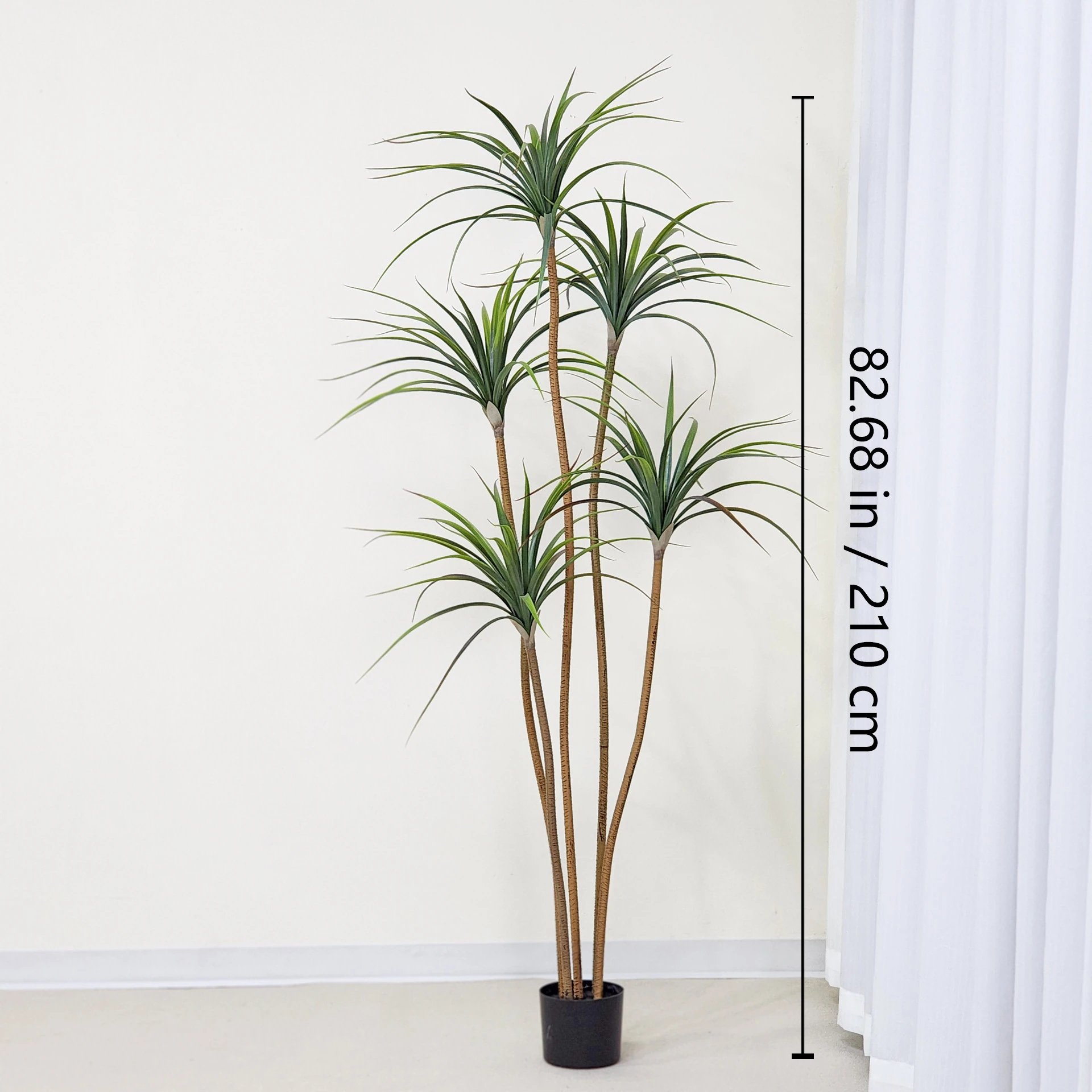 Size diagram for potted artificial dracaena tree collection, 210 cm
