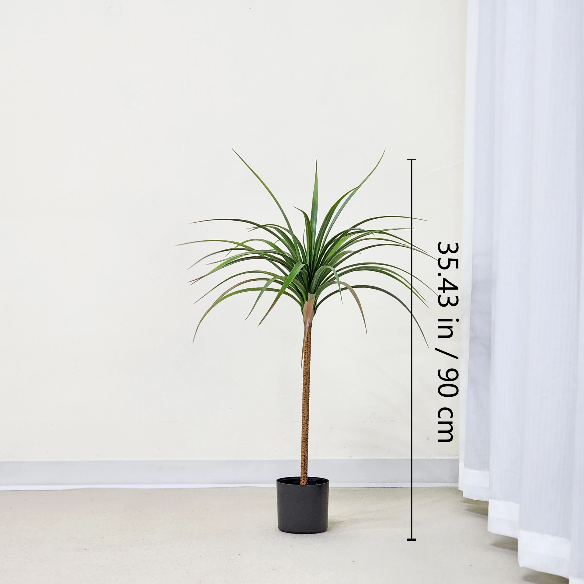 Size diagram for potted artificial dracaena tree collection, 90 cm