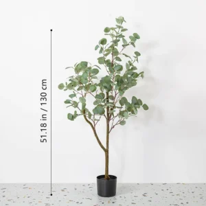 Size diagram for green potted artificial eucalyptus tree collection, 130 cm