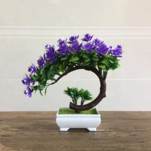 Purple potted artificial flowering bonsai tree