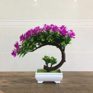 Purple potted artificial flowering bonsai tree