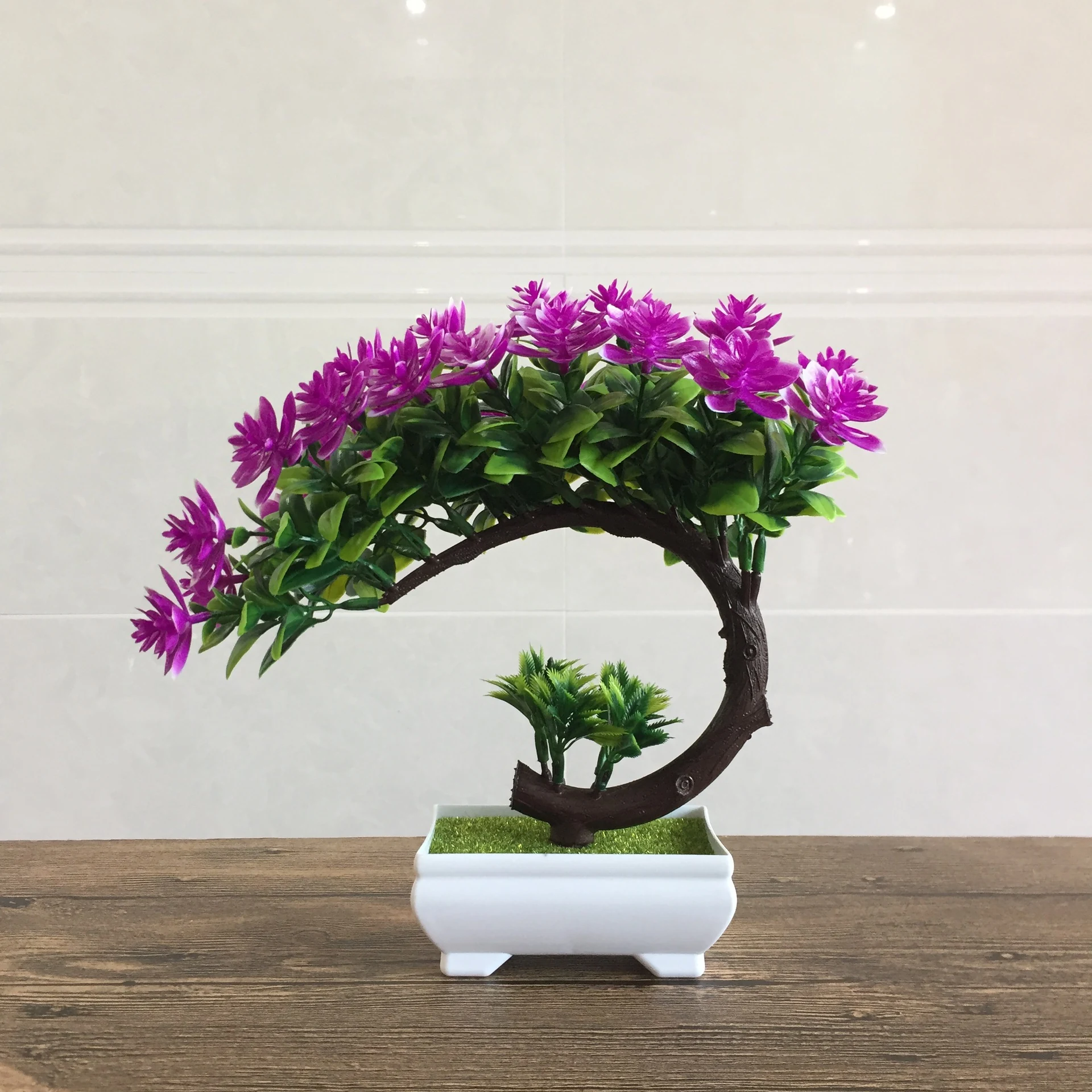 Purple potted artificial flowering bonsai tree