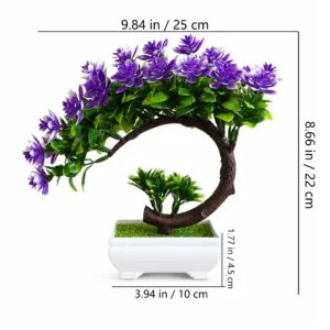 Size diagram for purple potted artificial flowering bonsai tree