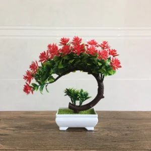 Red potted artificial flowering bonsai tree