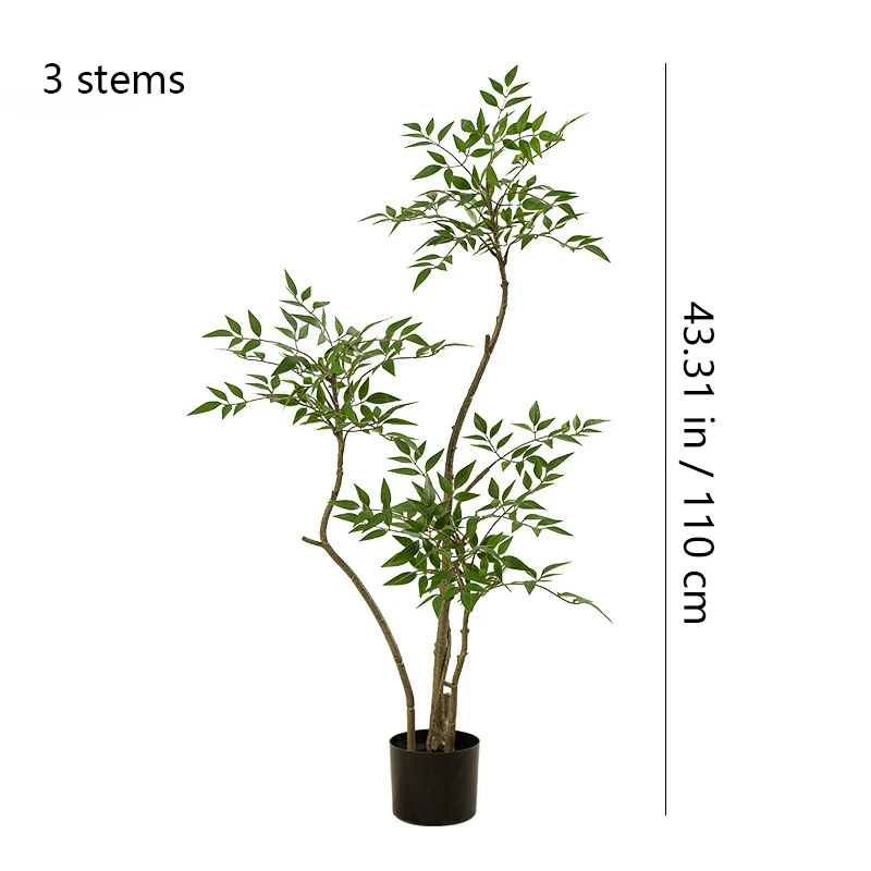 Size diagram for three potted artificial nandina tree collection, 110 cm