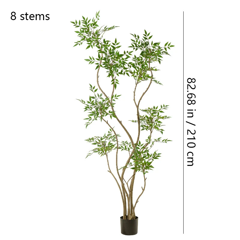 Size diagram for eight potted artificial nandina tree collection, 210 cm