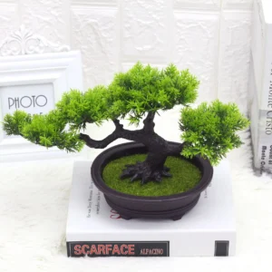 Spreading Canopy potted Artificial Pine Bonsai Tree arranged for decorative display