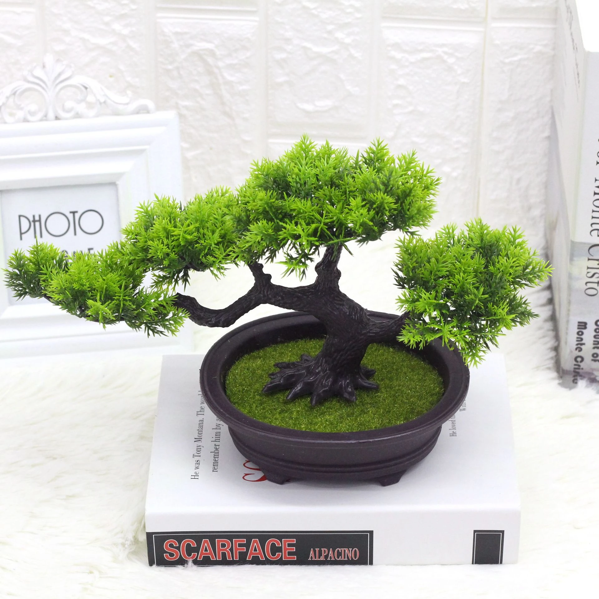 Spreading Canopy potted Artificial Pine Bonsai Tree arranged for decorative display